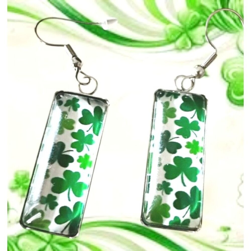 St Patrick's Day Shamrock Earrings Rectangle Party Parade Festive Dangle Hooks
